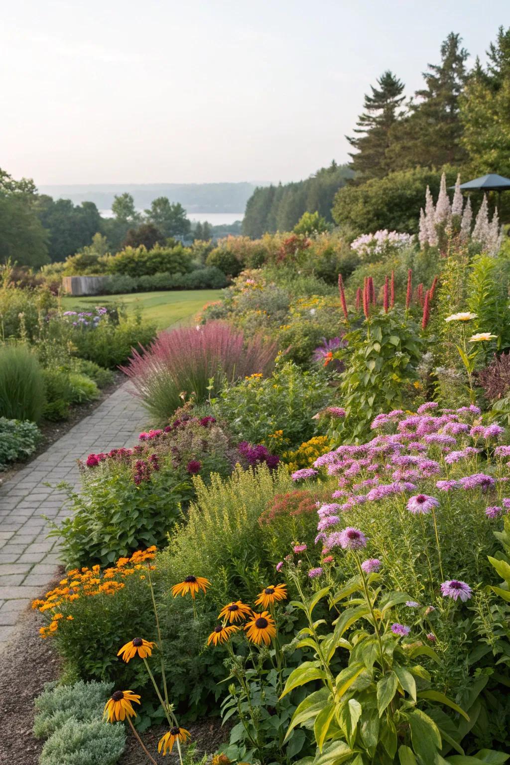 Staggered planting provides dimension and structure within the garden.