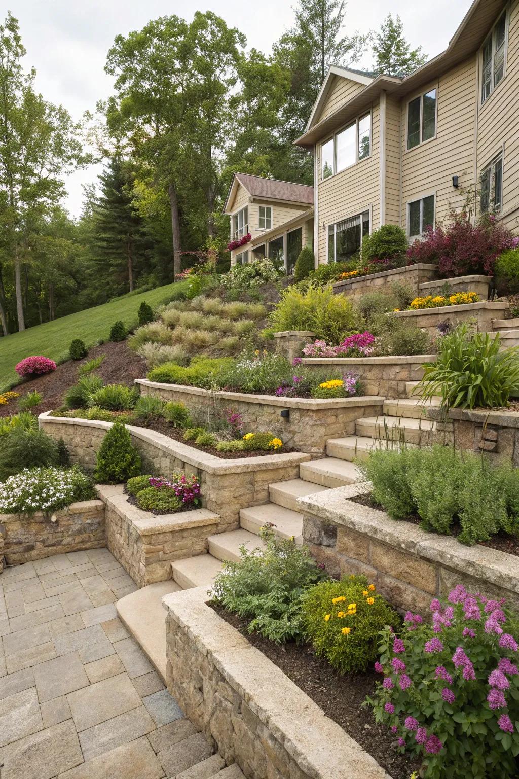 Flat areas offer both use and a visual treat on sloping yards.