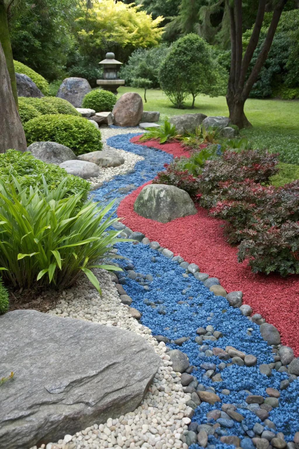 Vibrant gravel adds a lively touch to a rock garden.