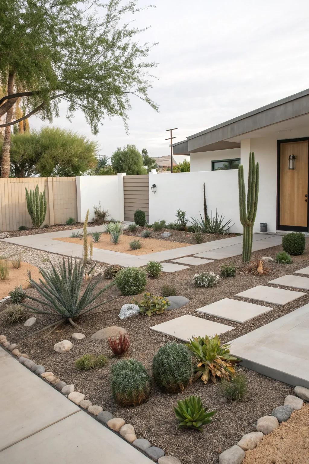 The minimalist design of a xeriscape front yard provides serenity and ease of upkeep.