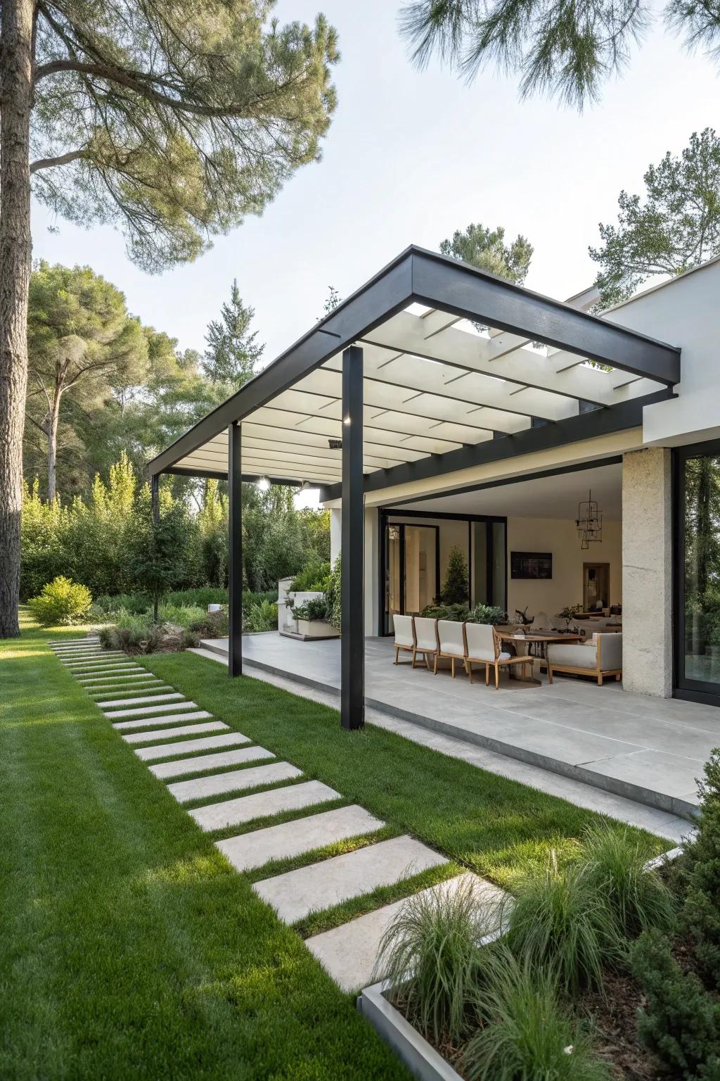 A modern architectural pergola in a luxury backyard setting.