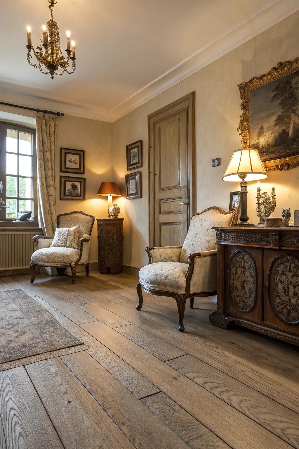 Distressed wood floors add vintage charm and persona to any setting.