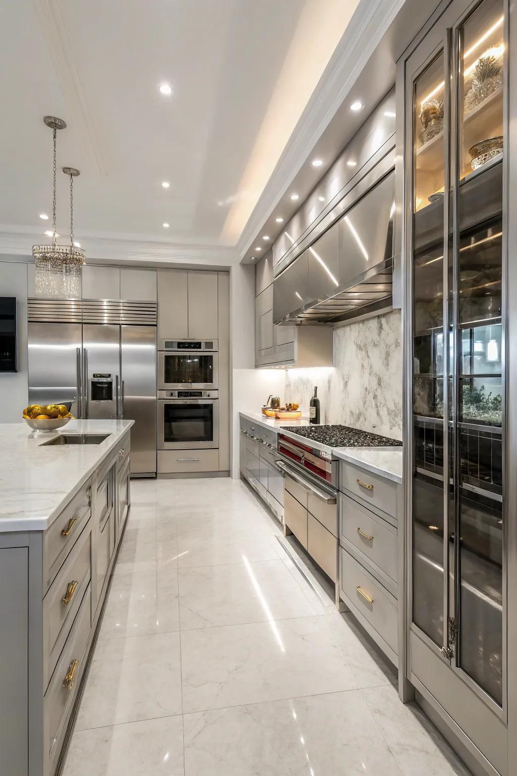 Alloy steel appliances integrated smoothly within this kitchen.