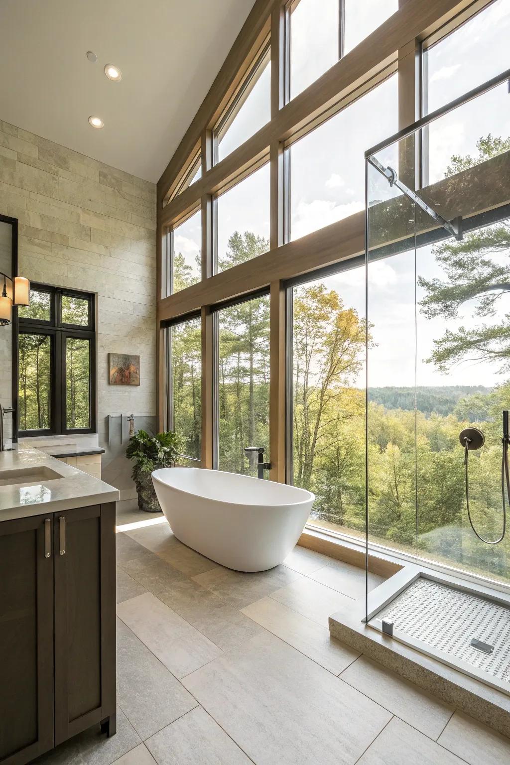 Expansive windows bring in natural light and peace to the bathroom.