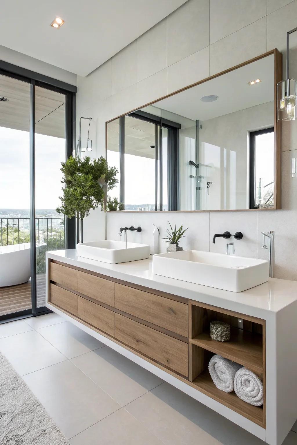 Wall-mounted fixtures in a sleek modern bathroom.