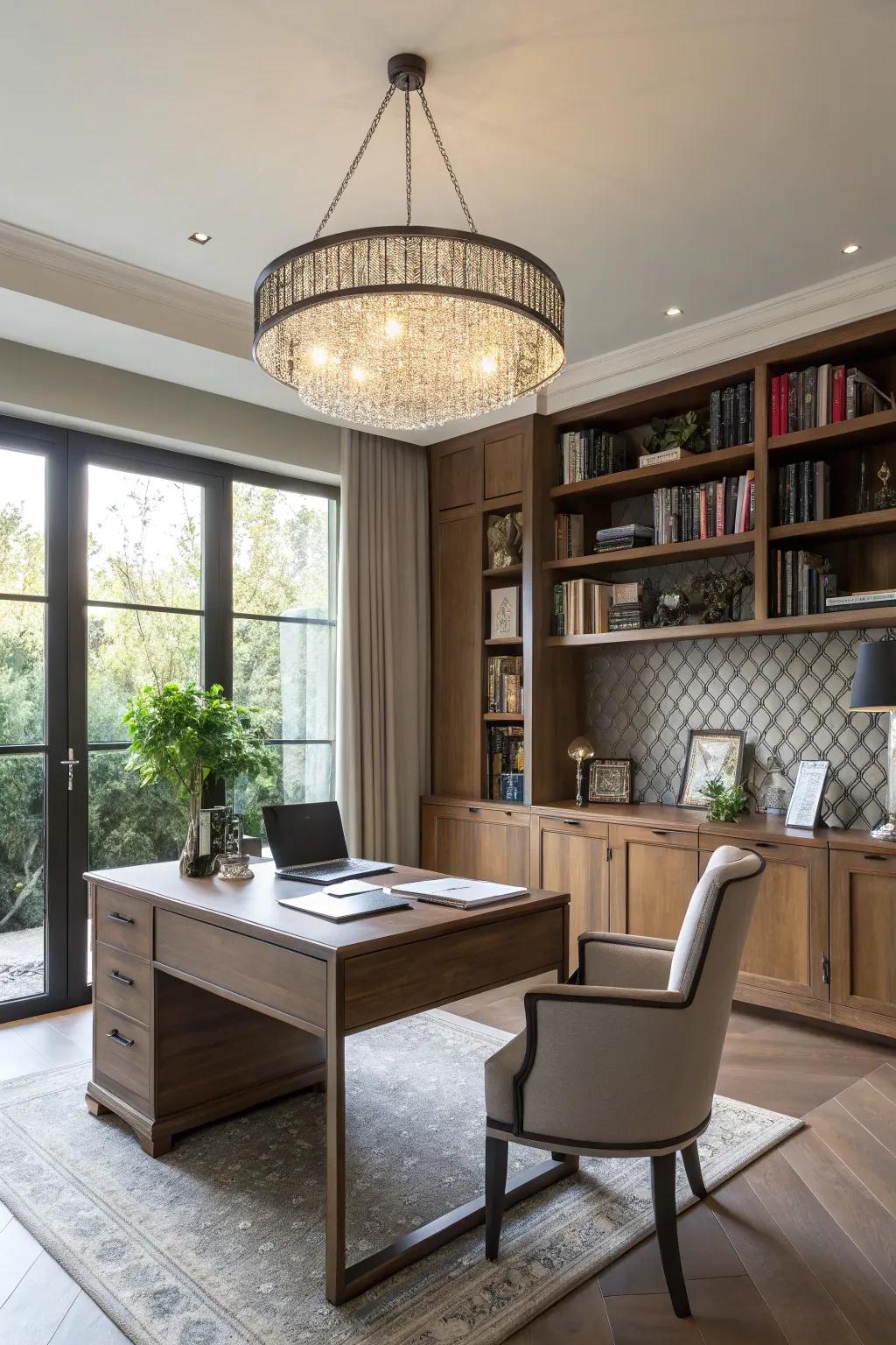 A modern home office featuring an eye-catching chandelier.