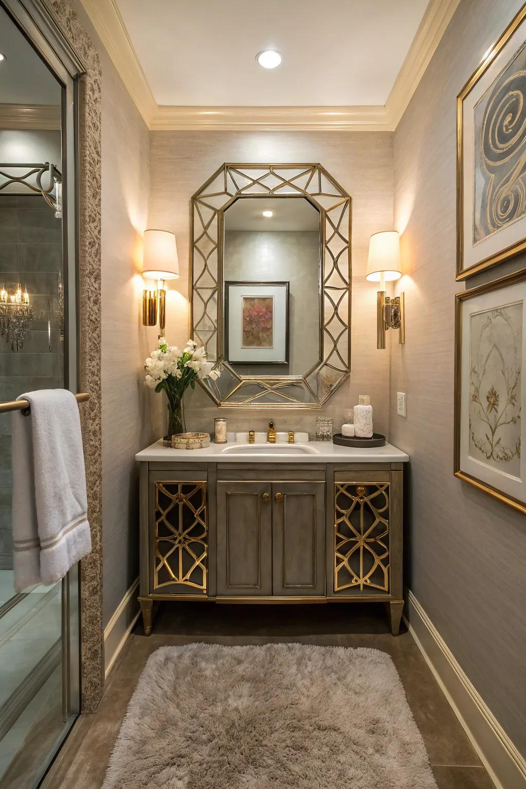 Ornate mirrors add drama and class in this small bathroom.