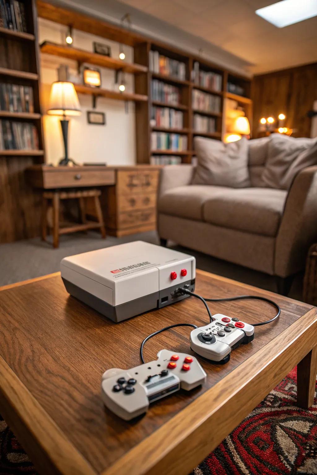 A vintage gaming console adds nostalgic fun to the man cave.