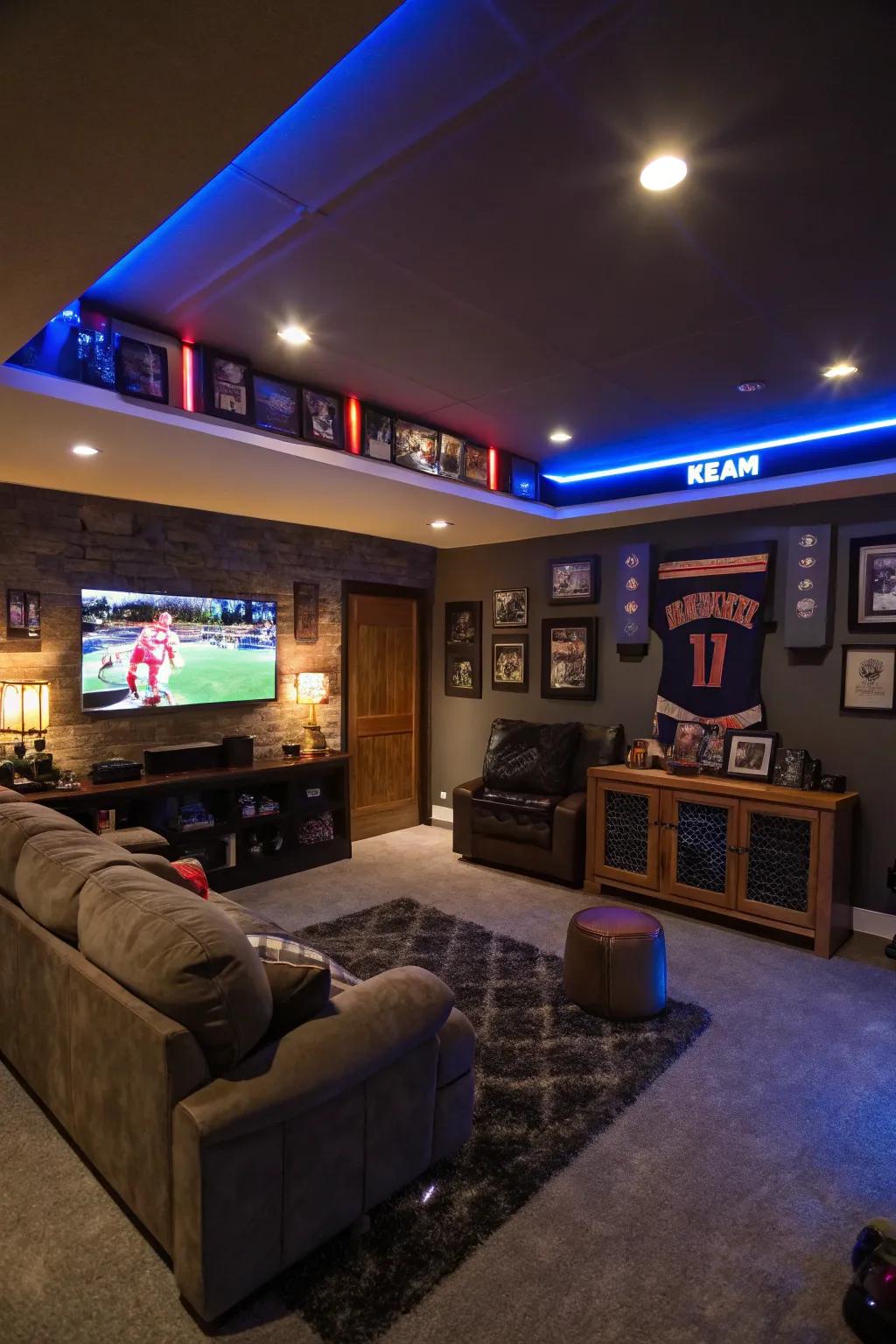 Ambient lighting sets a relaxing tone in this man cave.
