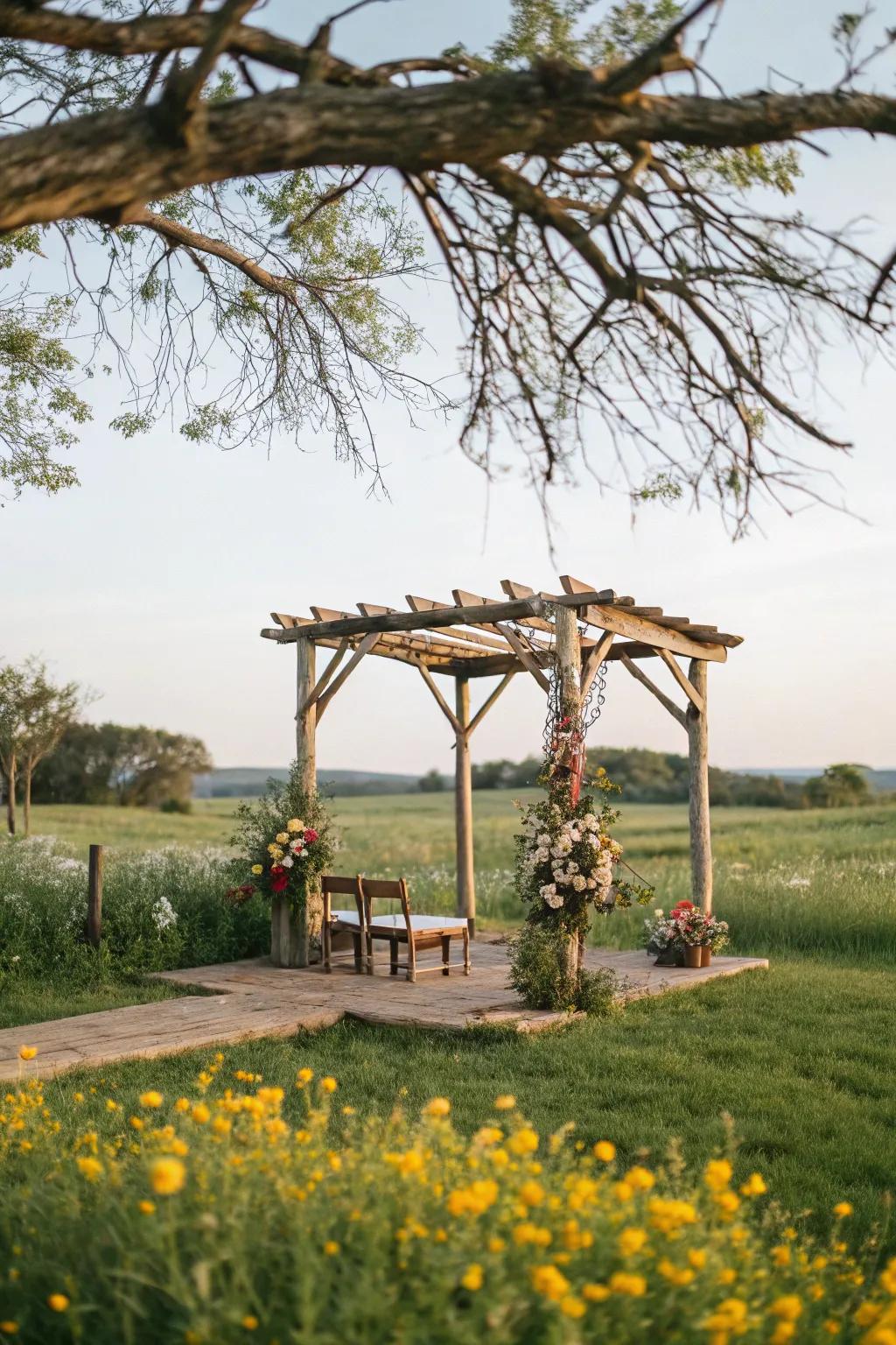 A down-to-earth outdoor altar harmonizes flawlessly with the beauty of nature.