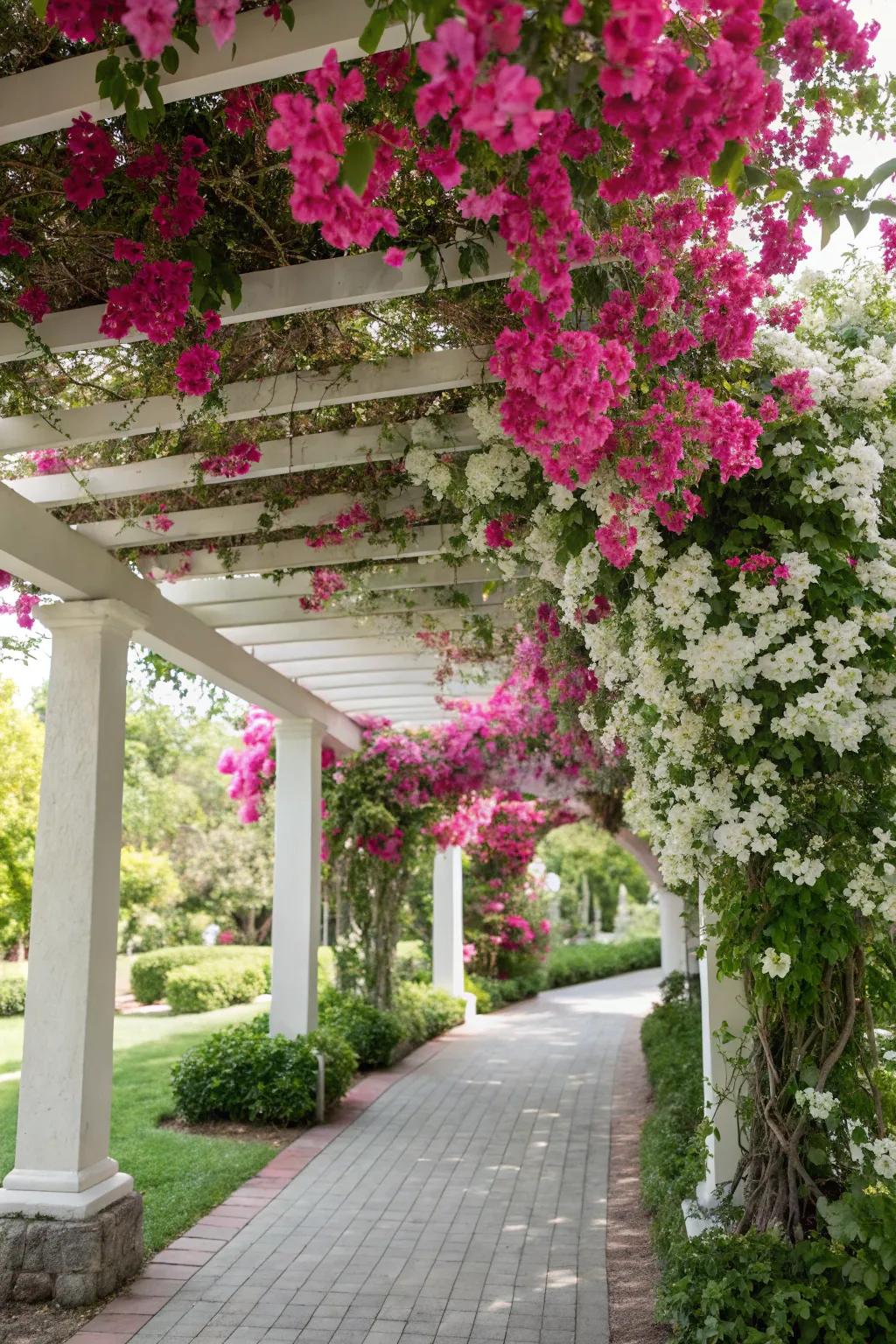 A structure embellished with blushing trumpet vine flowers presents a breathtaking, shaded dining area.