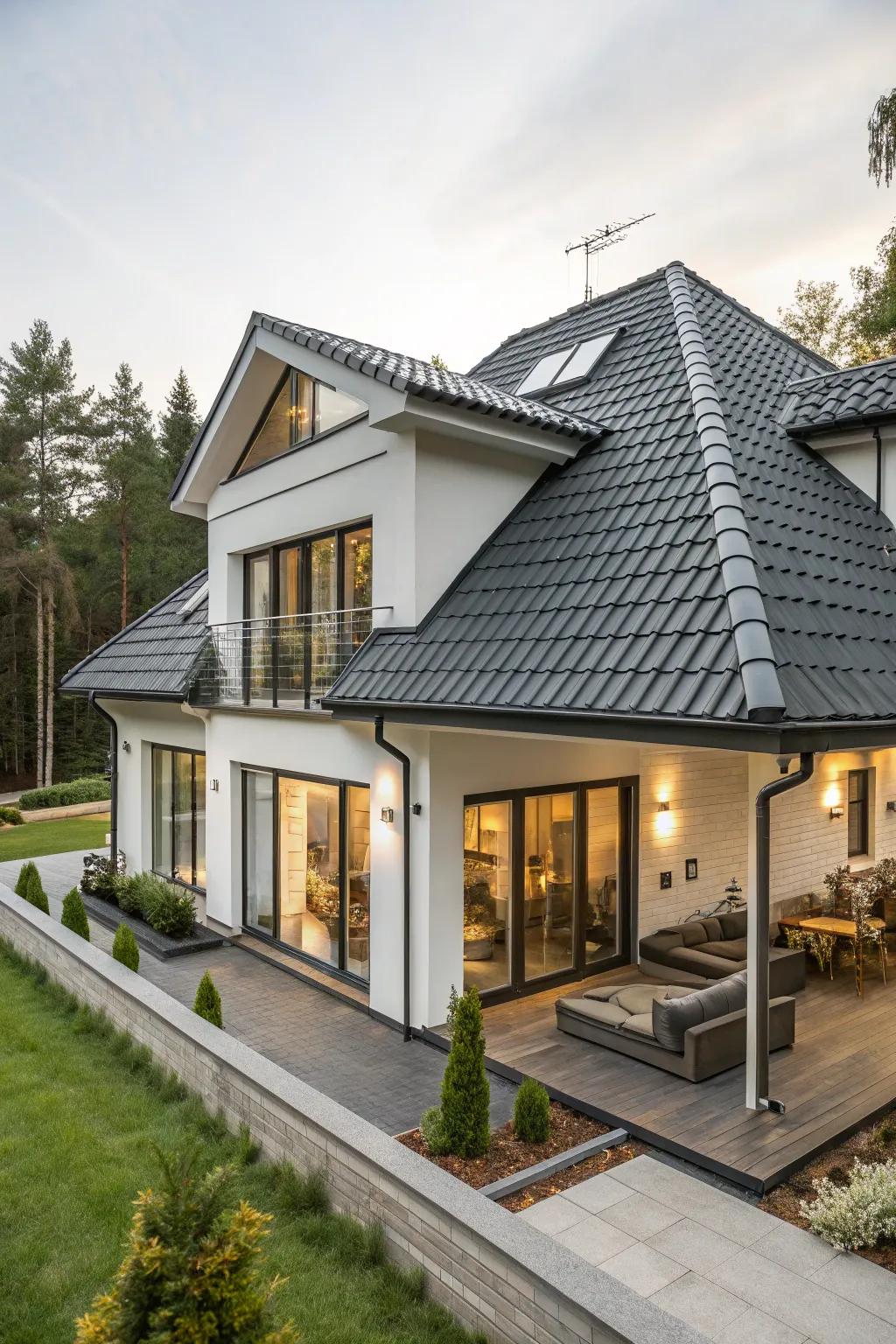 Polymer panels offer a modern twist to this mansard roof.