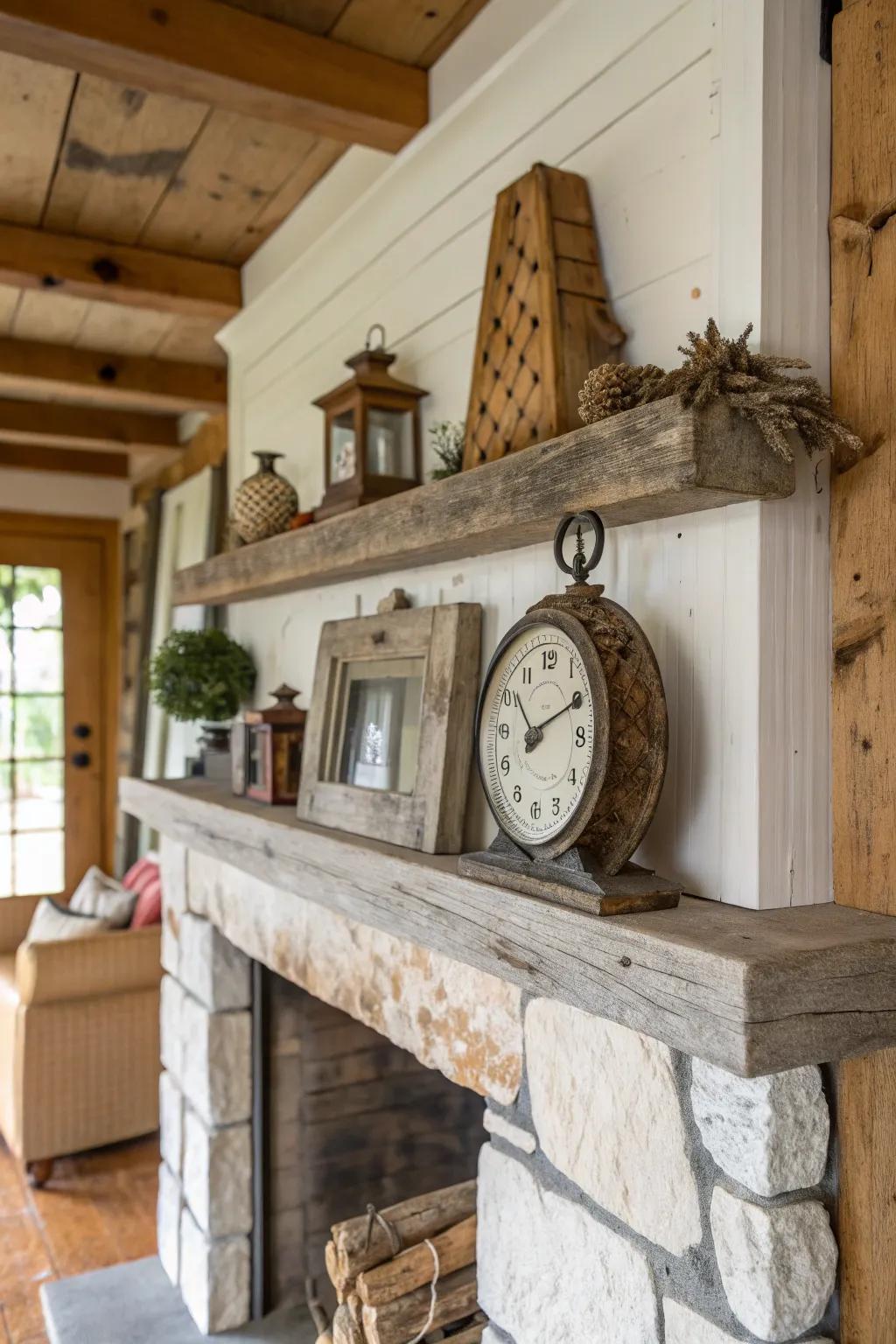 A rustic mantel showcasing a vintage timepiece and wood accents.