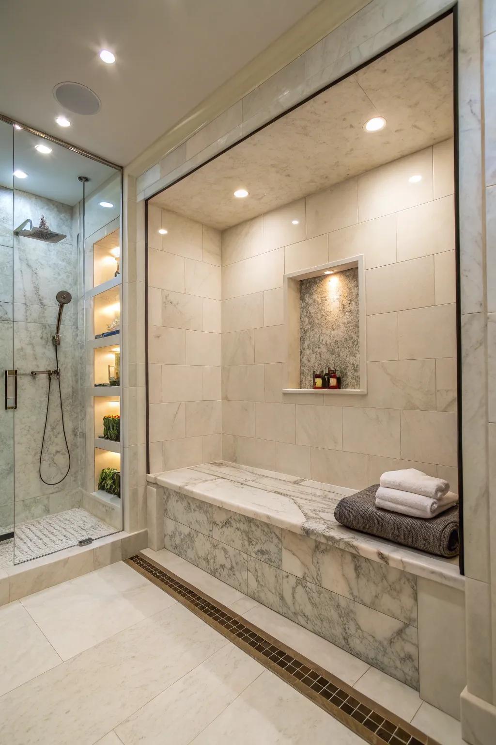 A drifting stone seat below the alcove elevates the shower experience.