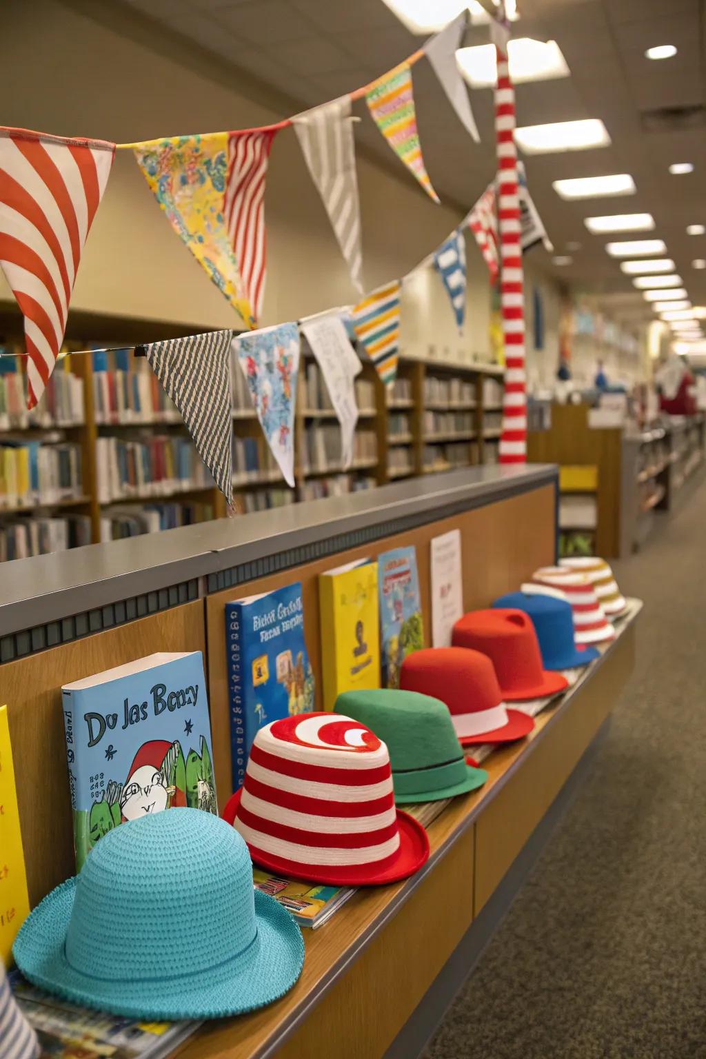 A cheerful setup honoring Dr. Seuss's birthday using playful adornments.