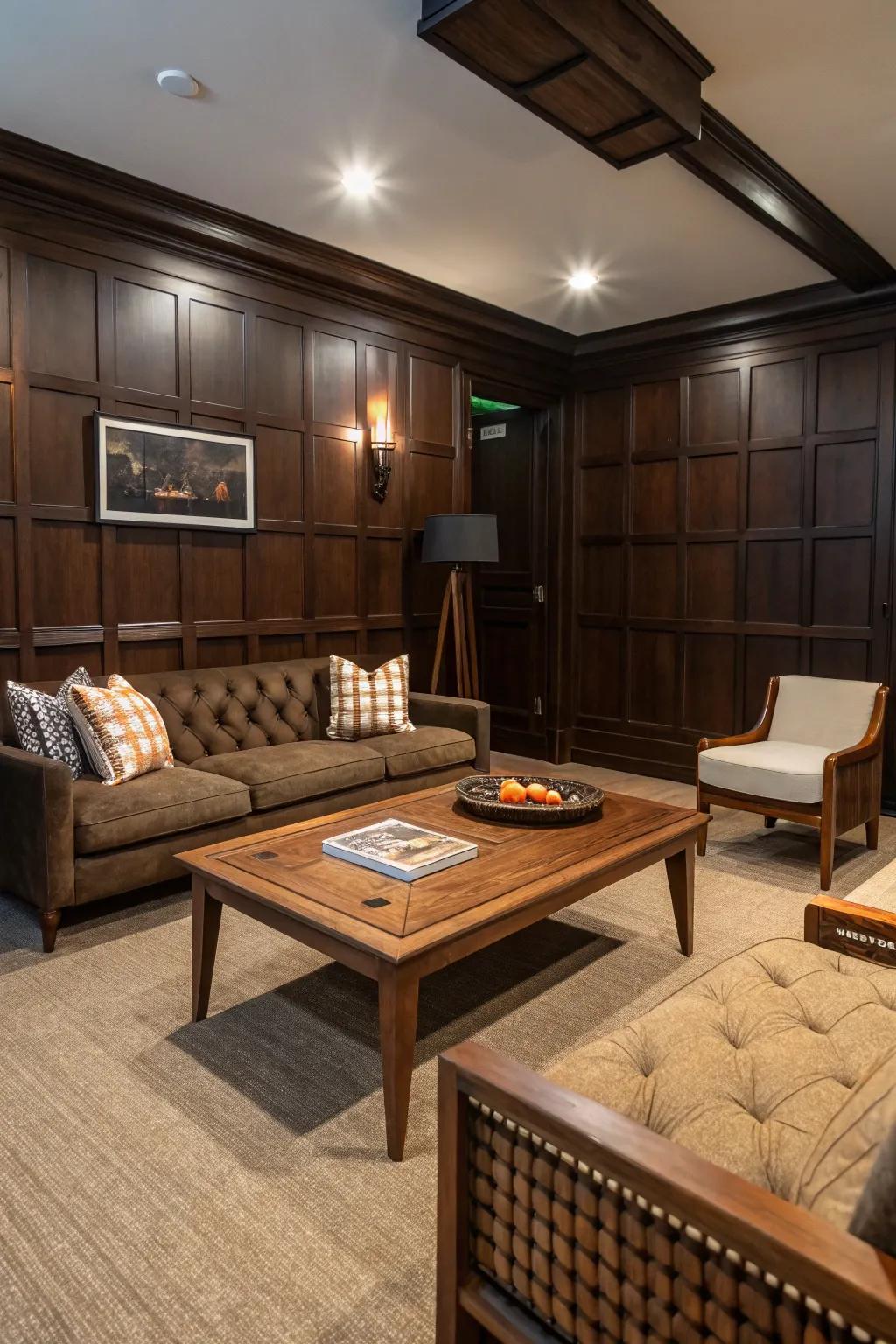 Deep wood paneling yields a snug and welcoming setting.