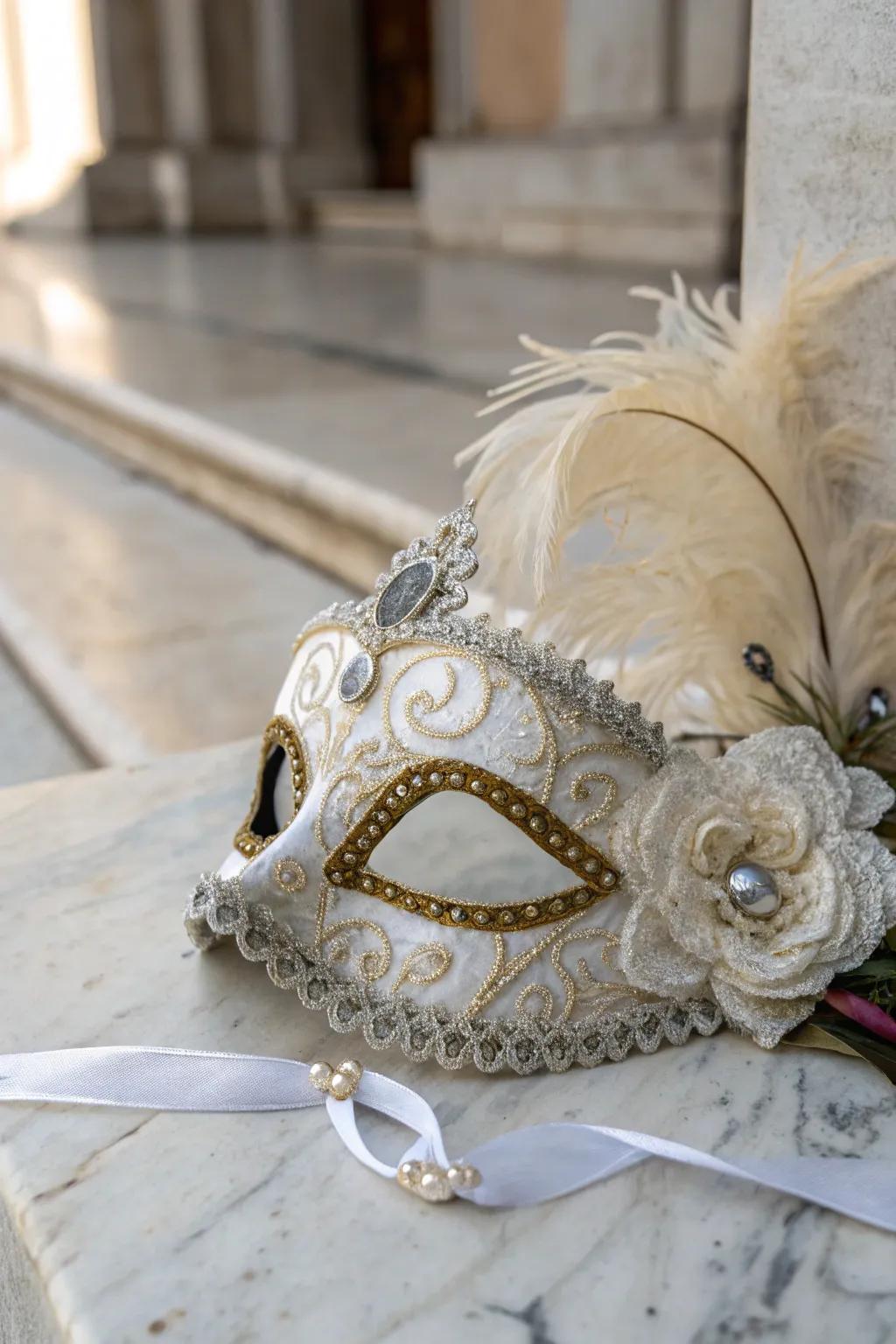 Lace and metallic tones evoke a sumptuous carnival spirit.
