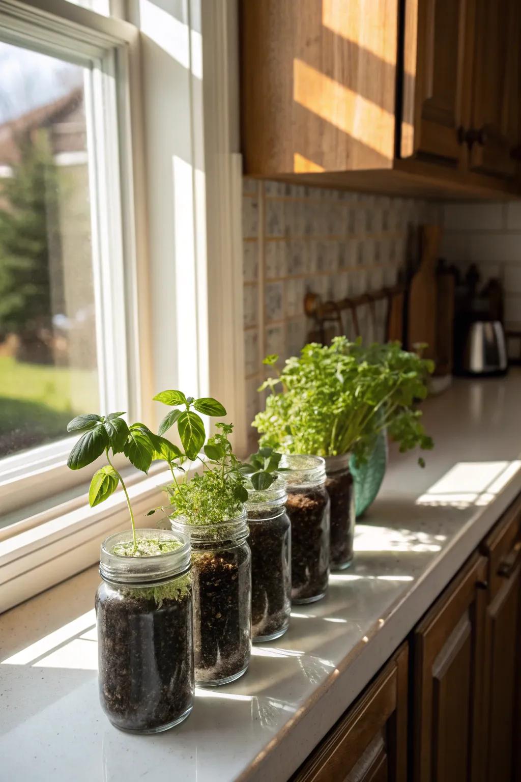 Herb-packed quart containers furnishing revitalizing verdure in the cooking space.