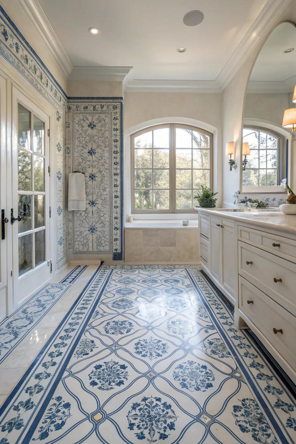 Blue and white tiles evoke Mediterranean peace.