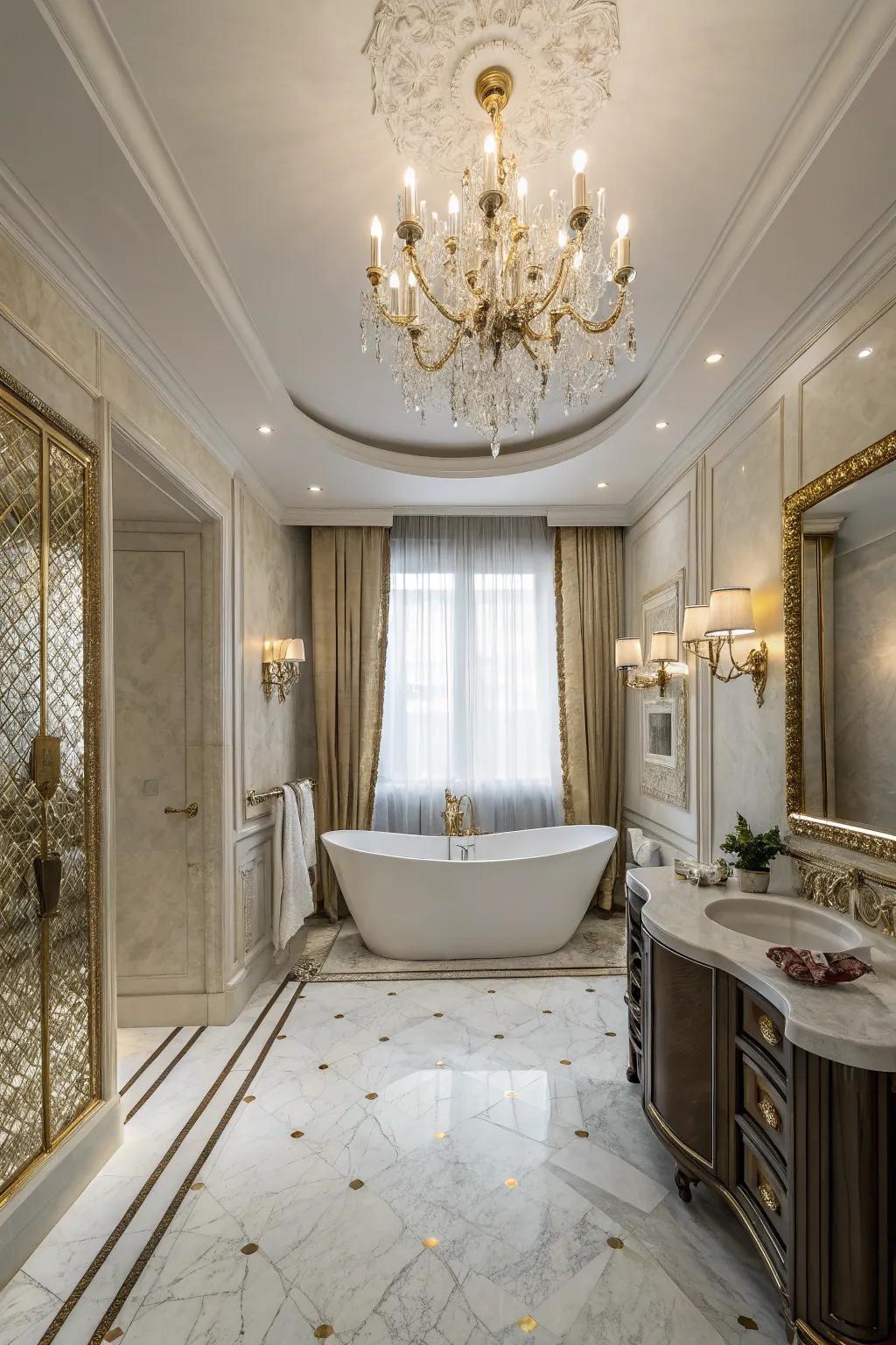 Opulent bathroom showcasing elegant suspension lamp lighting.