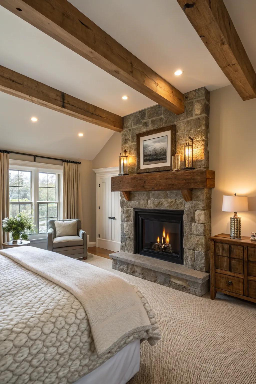 Countryside allure is amplified by a salvaged timber beam atop the firebox.