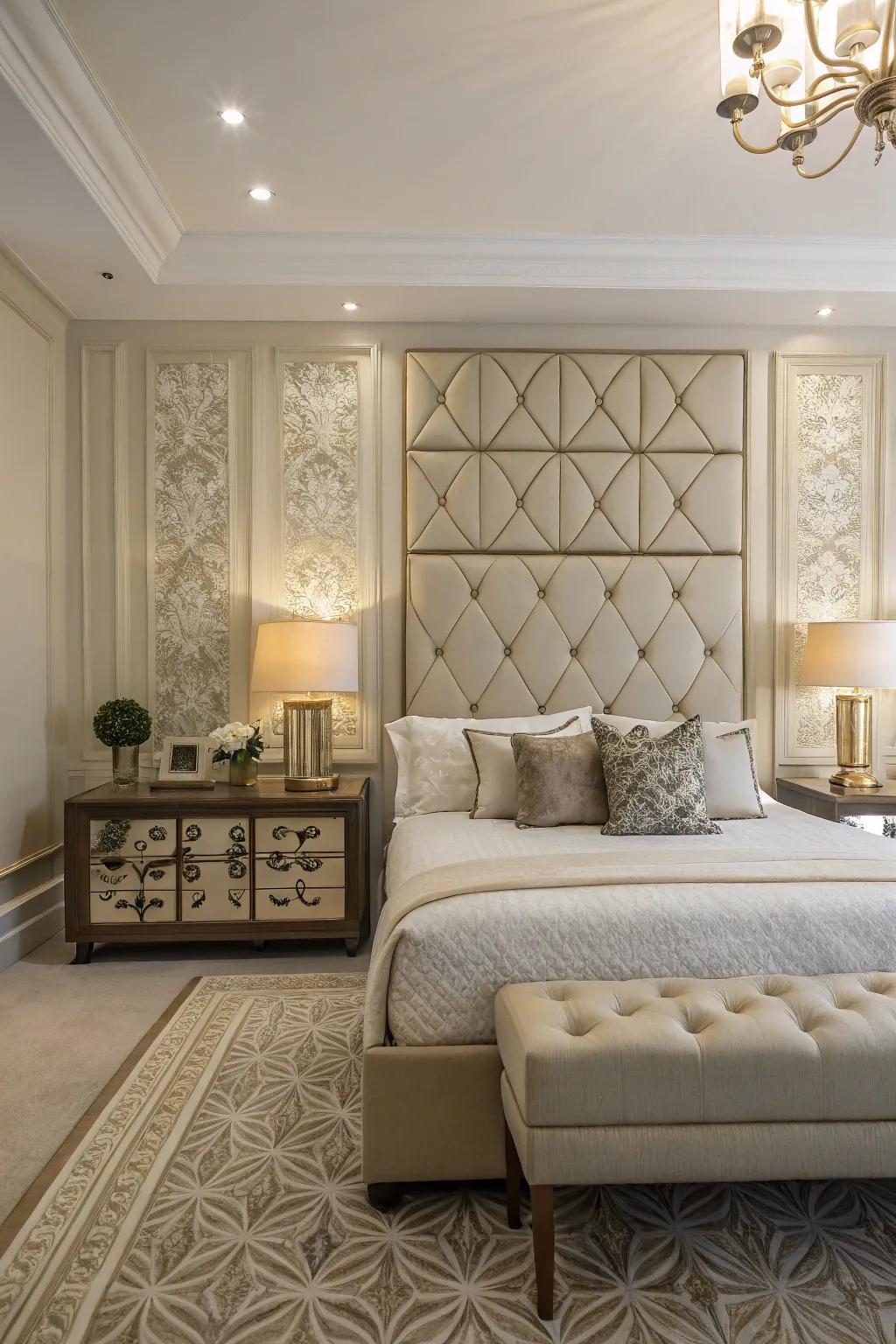 A symmetrical arrangement creates a balanced and harmonious aesthetic for your headboard wall.
