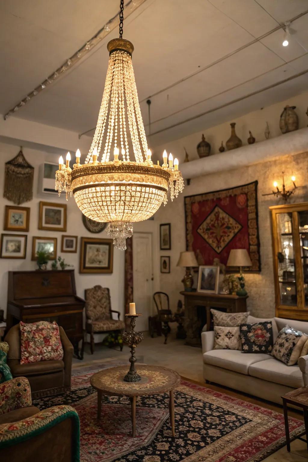 A radiant light fixture brings sophistication to this maximalist room.