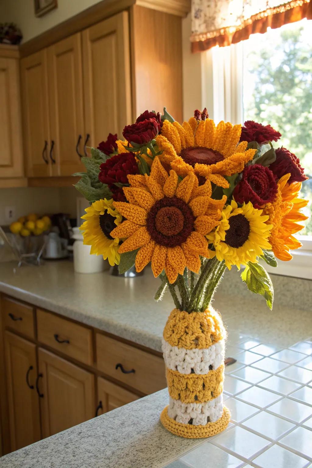 Crochet sunflowers bring enduring beauty and joy.
