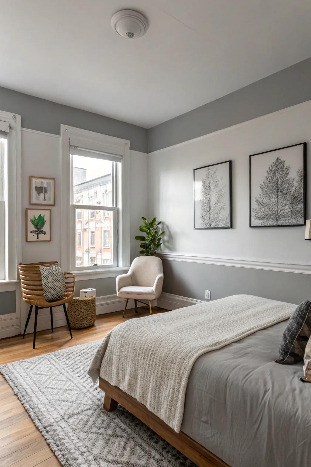 Bi-colored walls create a modern contrast in this grey-themed bedroom.