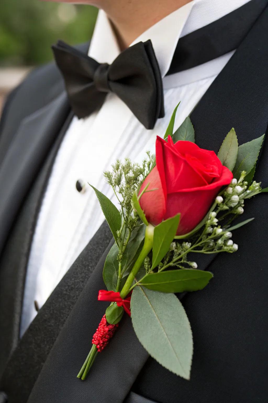 A striking scarlet rose boutonniere makes a romantic impression.