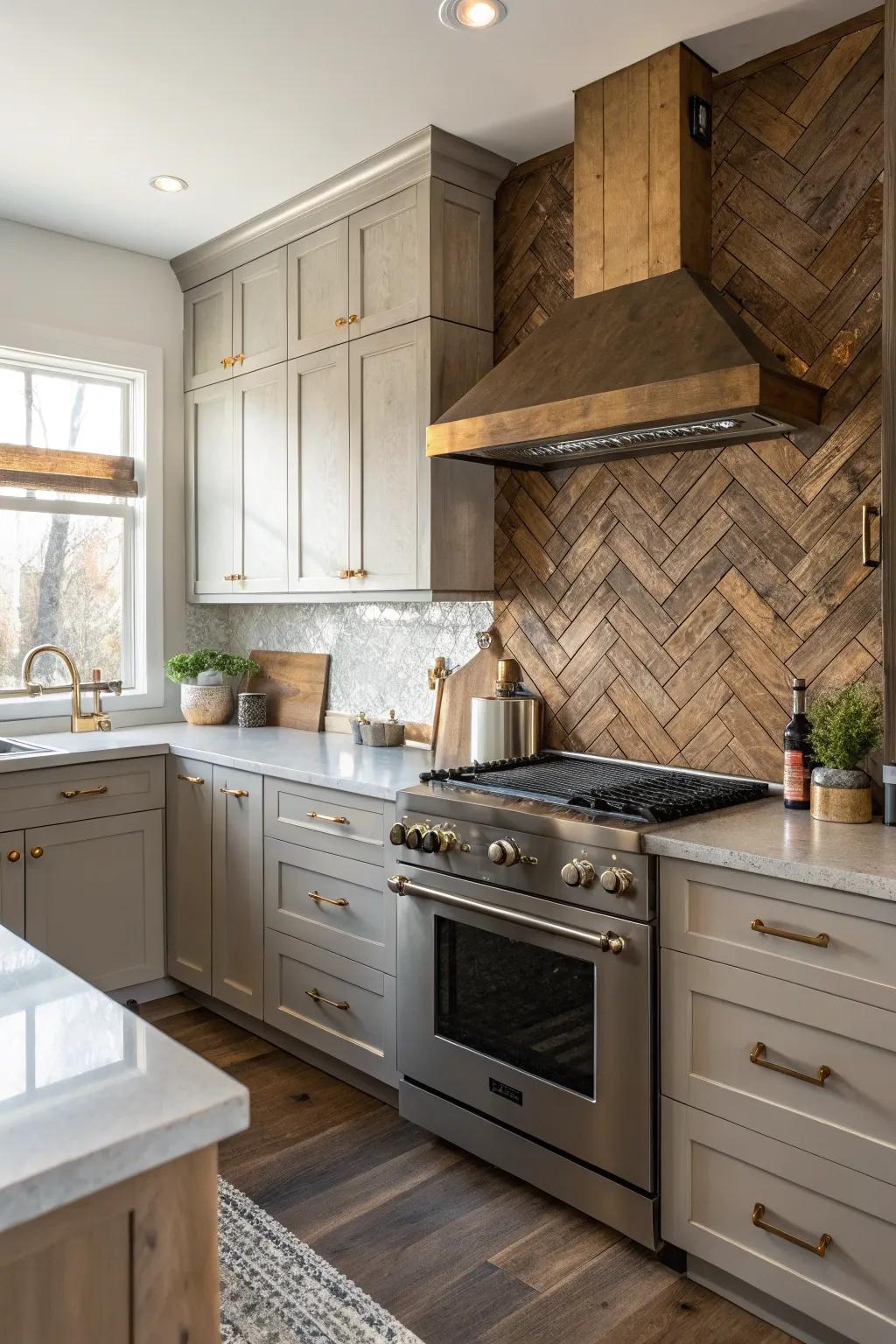 A kitchen showcasing a mixed metal and timber backsplash.