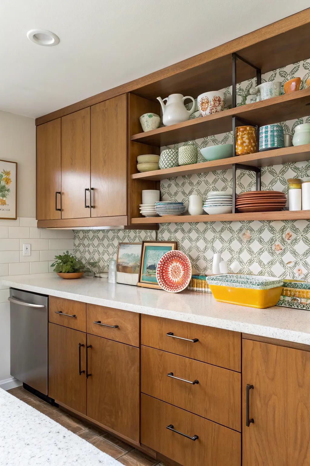 Open shelves offer a practical display option in this mid-century modern cooking space.