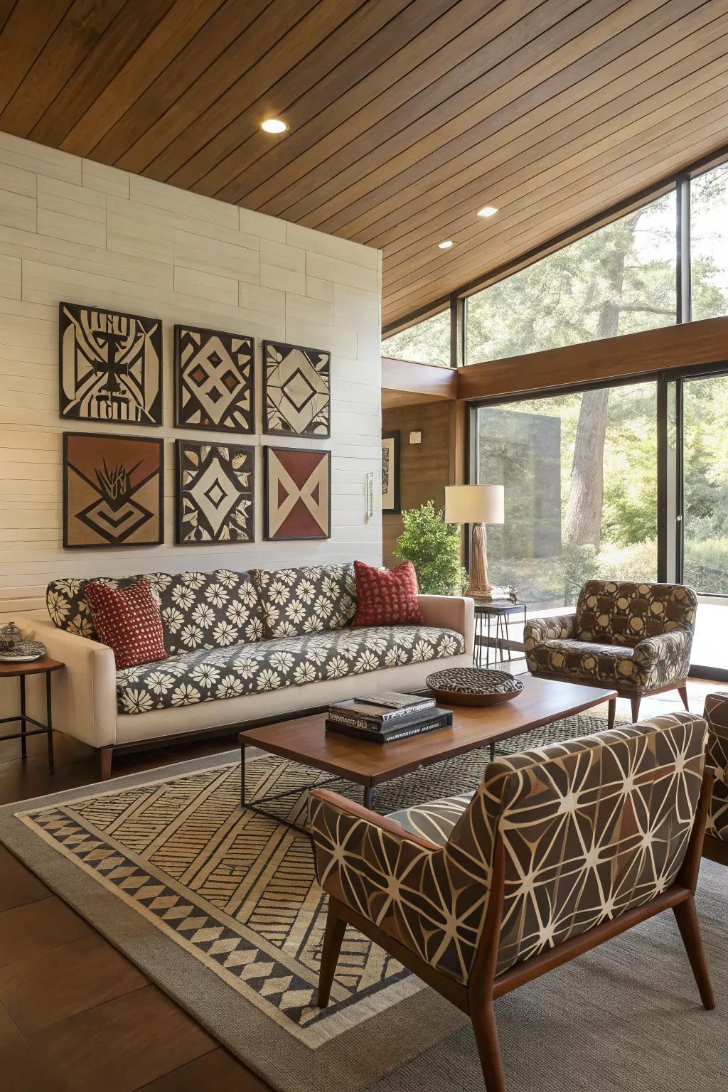 Shapes and forms introduce an elegant feel to this mid-century modern living room.