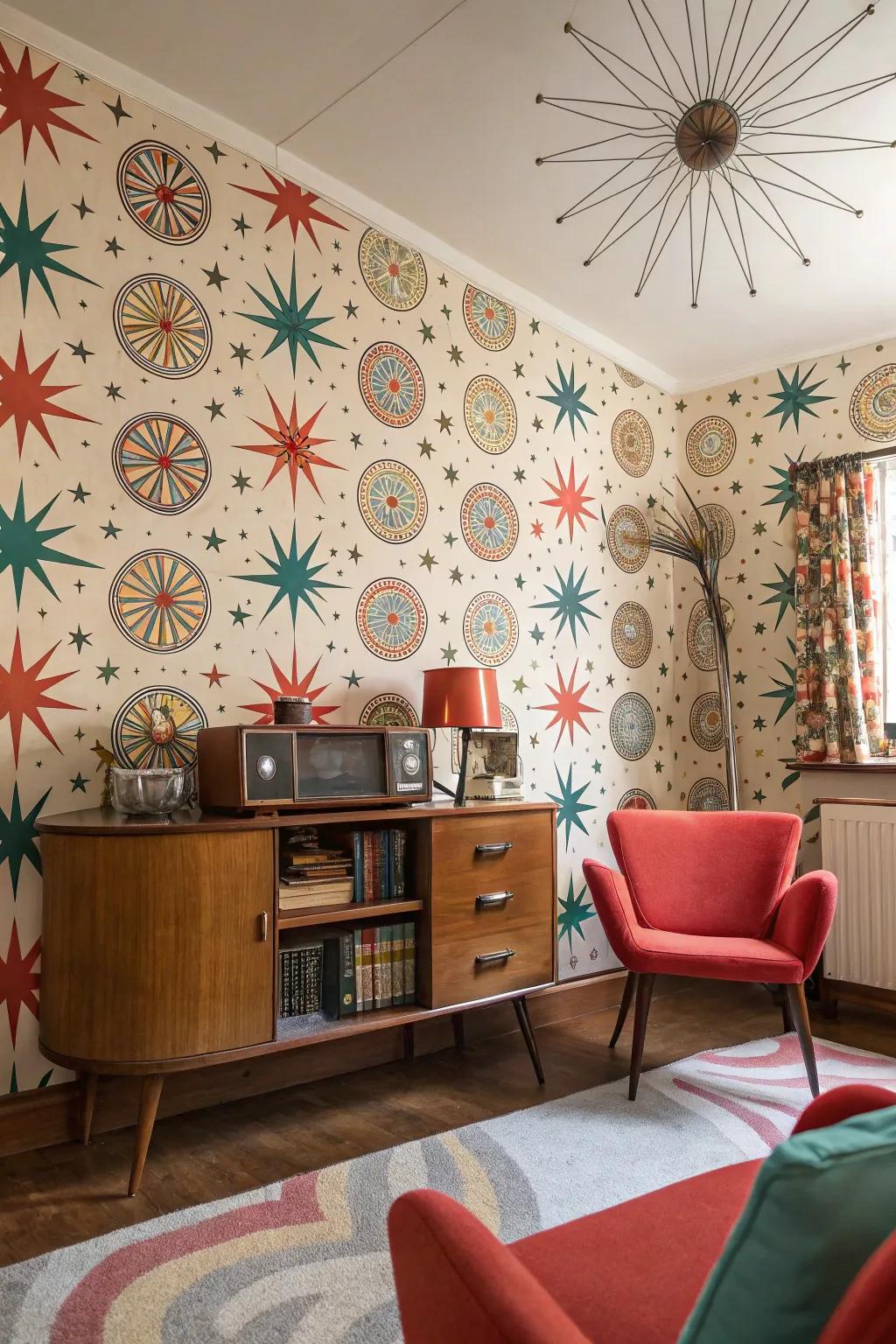 Space with nostalgic atomic design wallcovering.