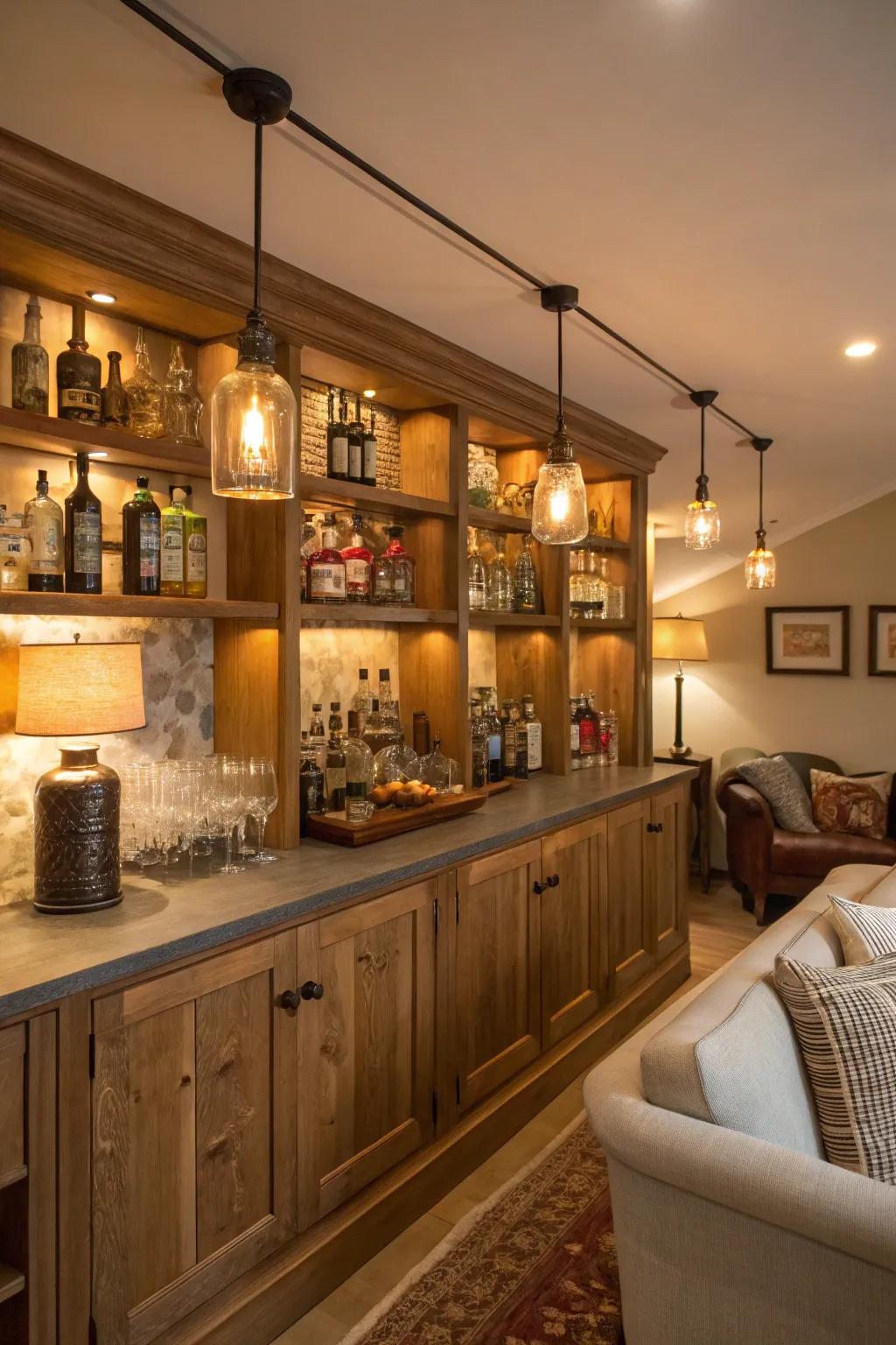 Ambient illumination introduces warmth and appeal to a home bar setting.