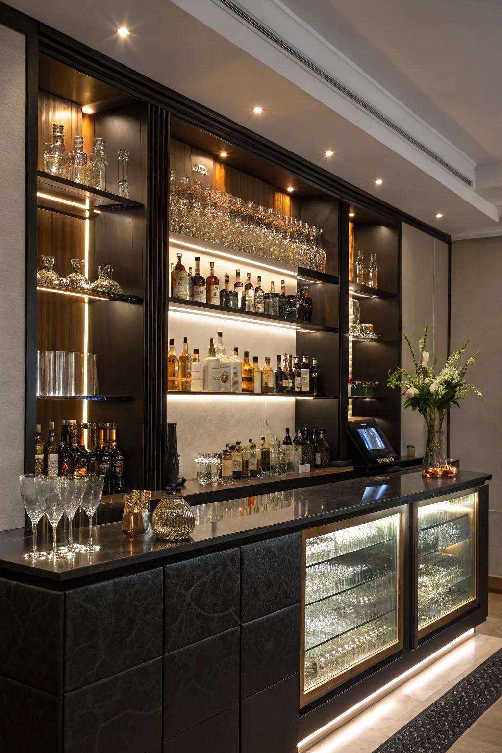 Spotlights emphasize key aspects of the home bar.