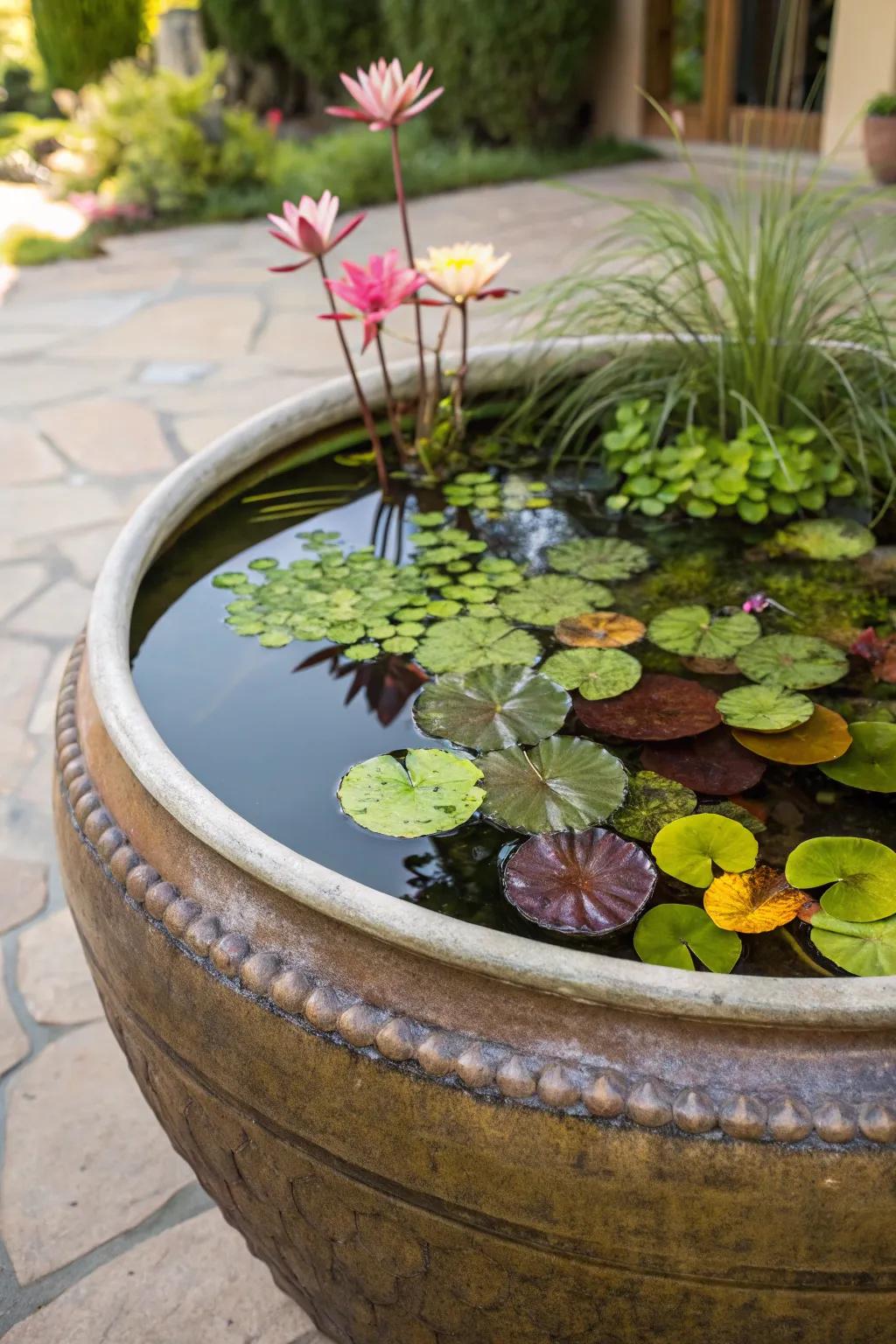 A ceramic jug turned into a delightful mini pond.