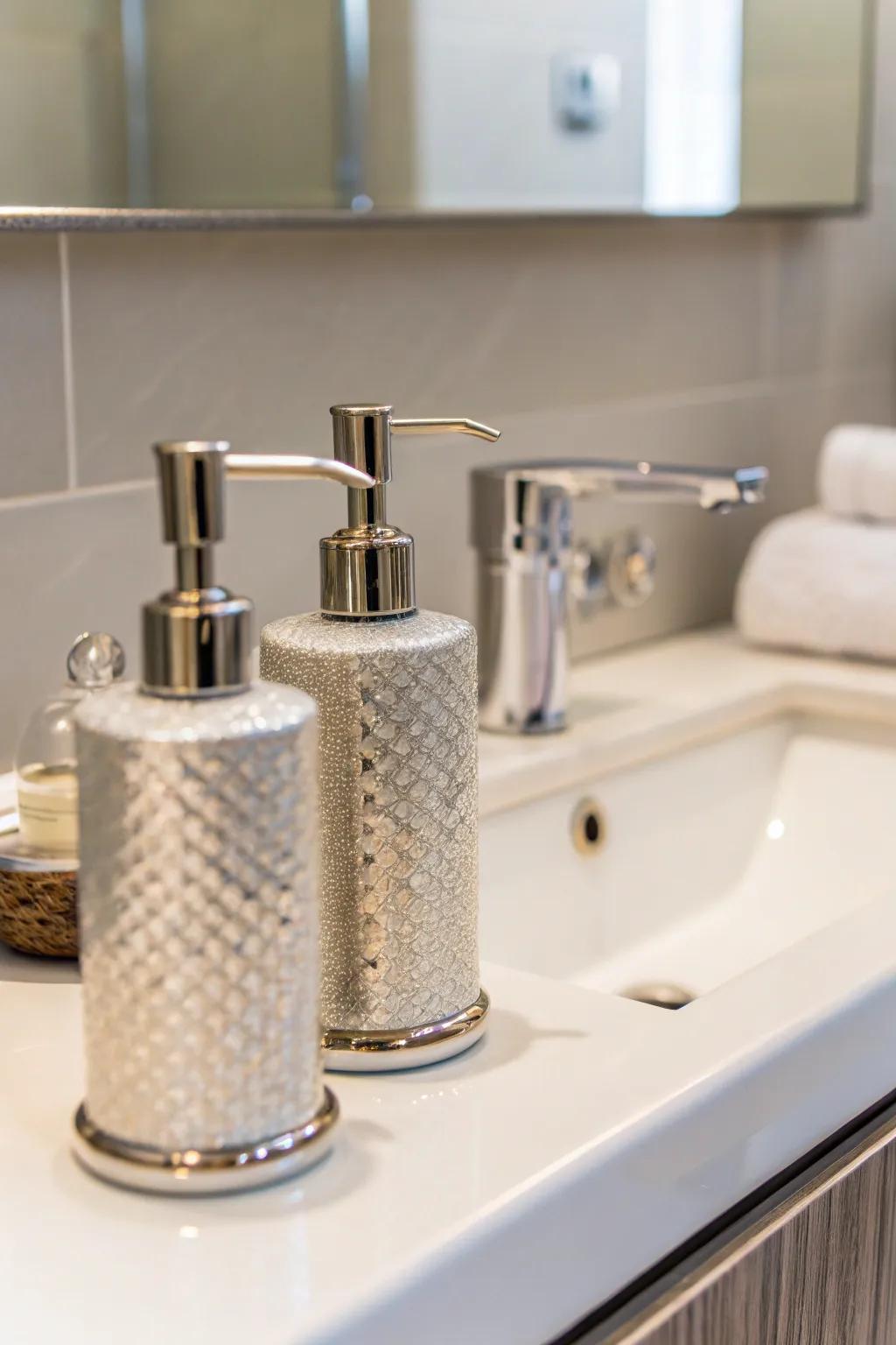 Coordinating liquid soap holders enhance the bathroom decor with a dash of elegance.