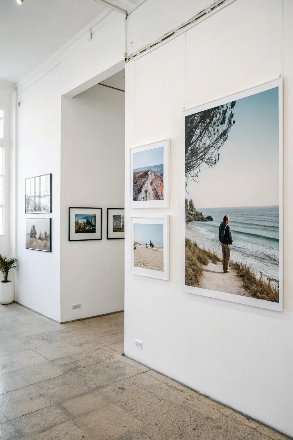 A basic photo display contributes a personalized feel to minimalist decor.