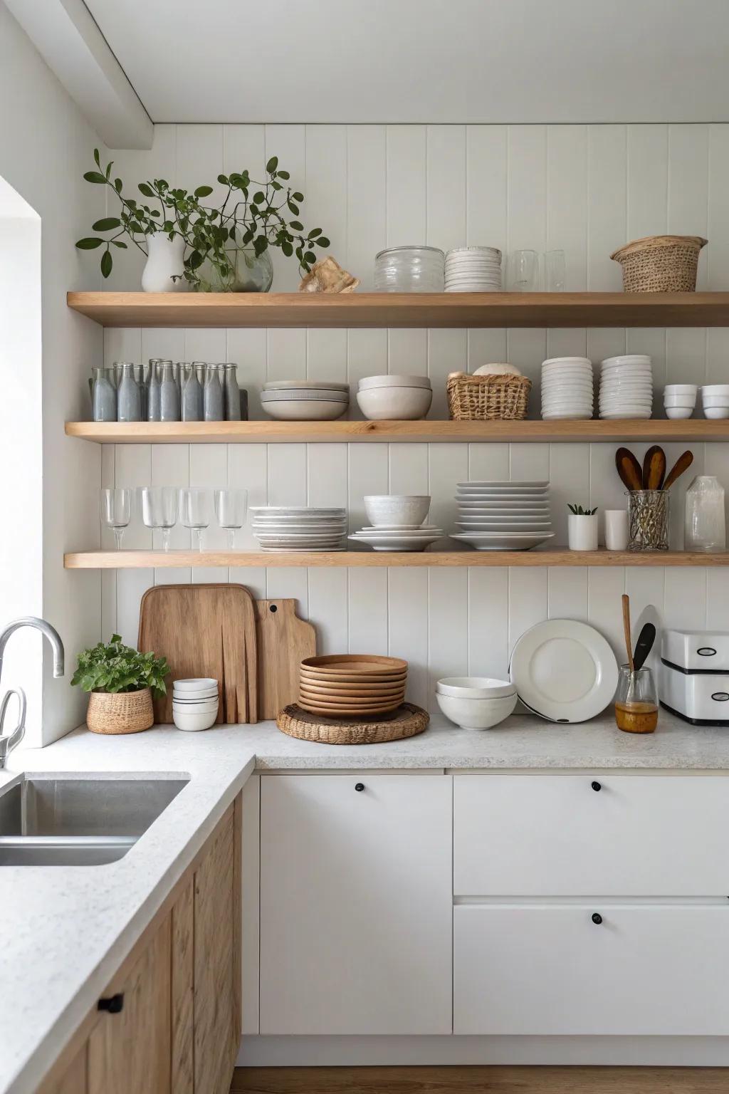 Exposed shelves in a minimalist kitchen exemplify simplicity and sophistication.