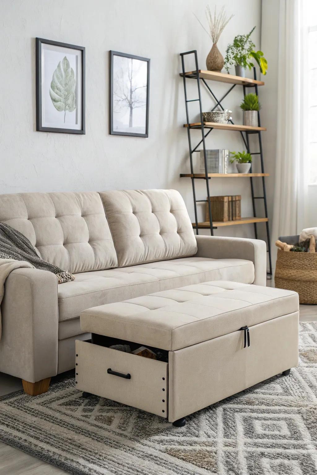Practical furnishings augment both utility and flair in minimalist settings.