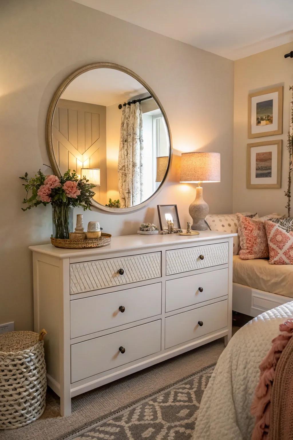 Round mirrors soften the room's geometry and add a welcoming feel.