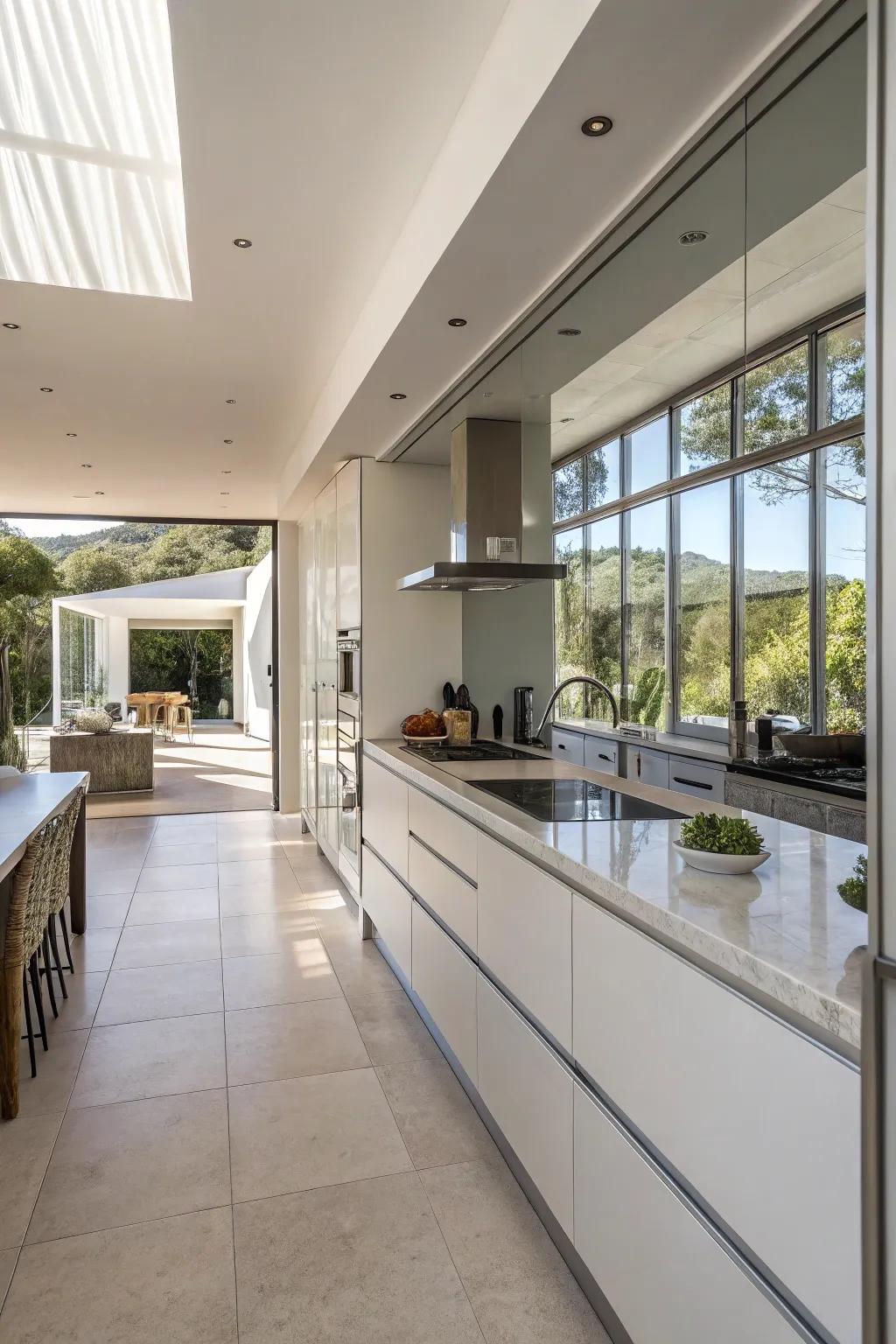 A full mirrored wall that turns a small kitchen into a spacious area.