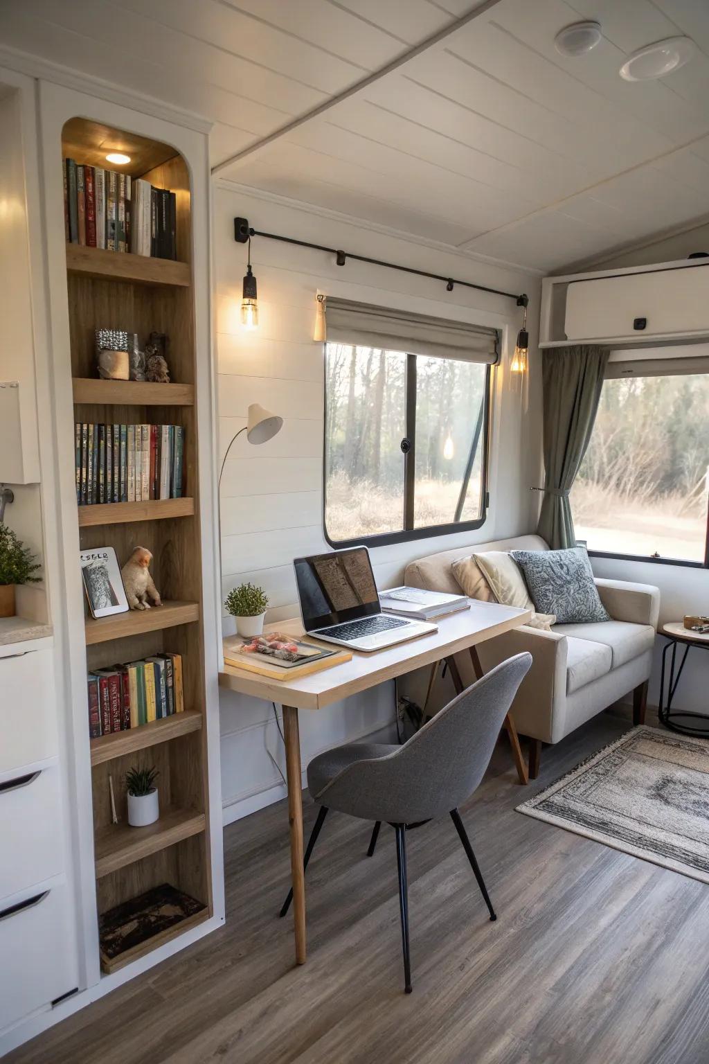 A chic home den featuring a desk and bookshelf, affording a designated workspace in a mobile home.