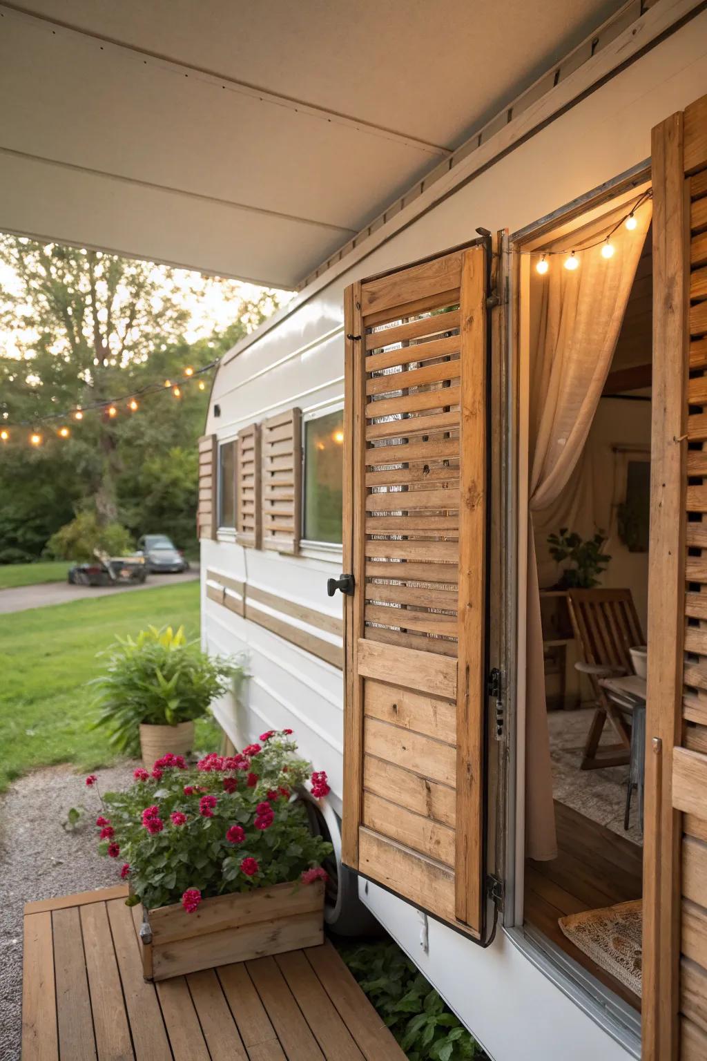 DIY pallet shutters lending a rustic vibe to a mobile home.