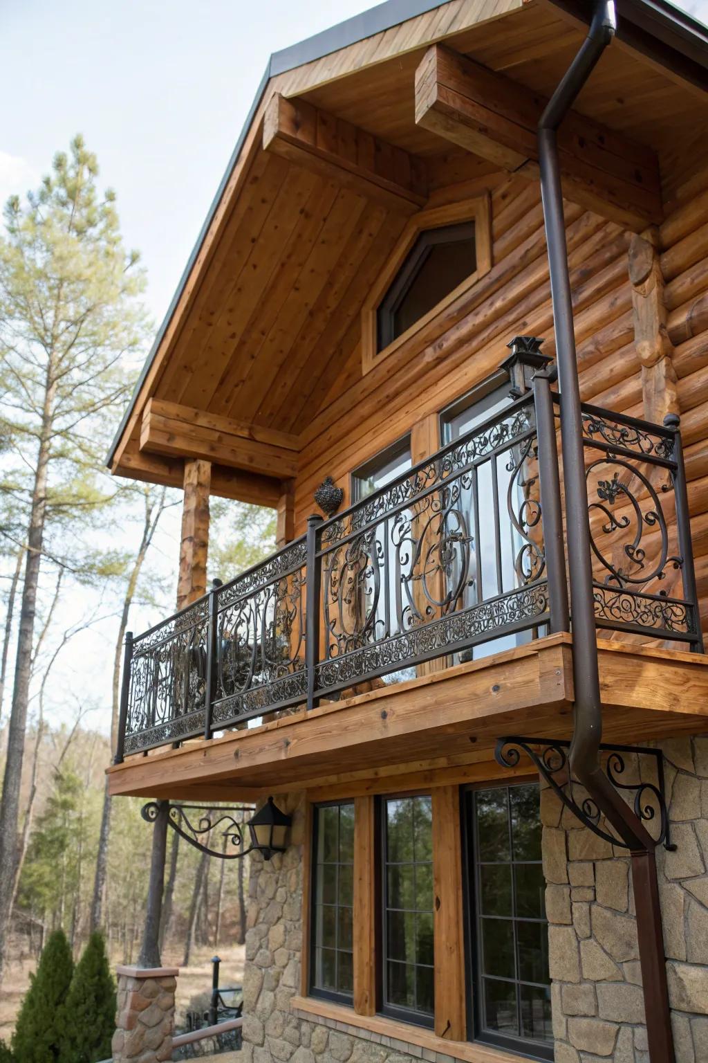 Rustic timber and iron balcony border on a cabin-inspired home