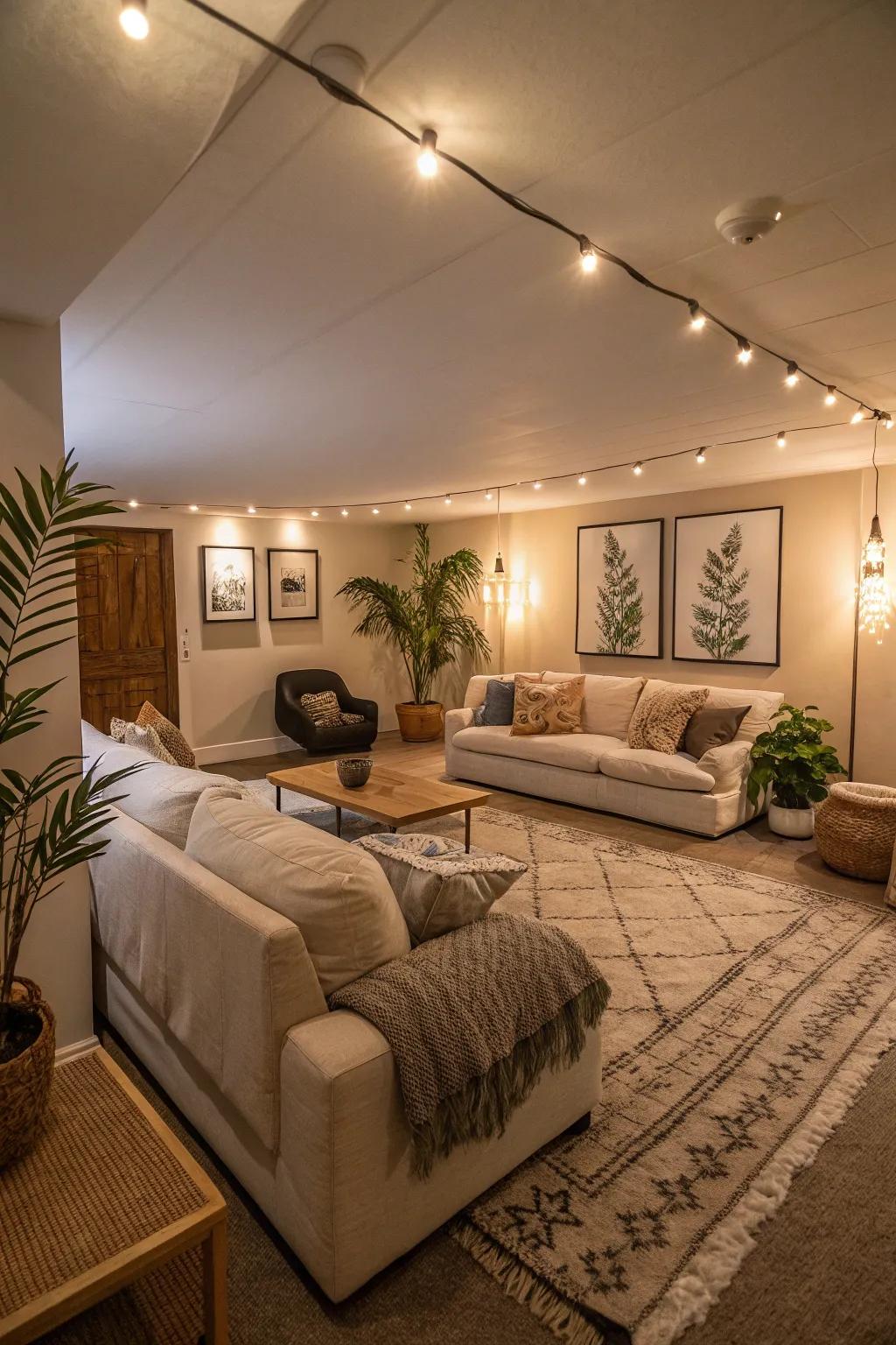 Ambient illumination swathes the lounge space in warmth and comfort.