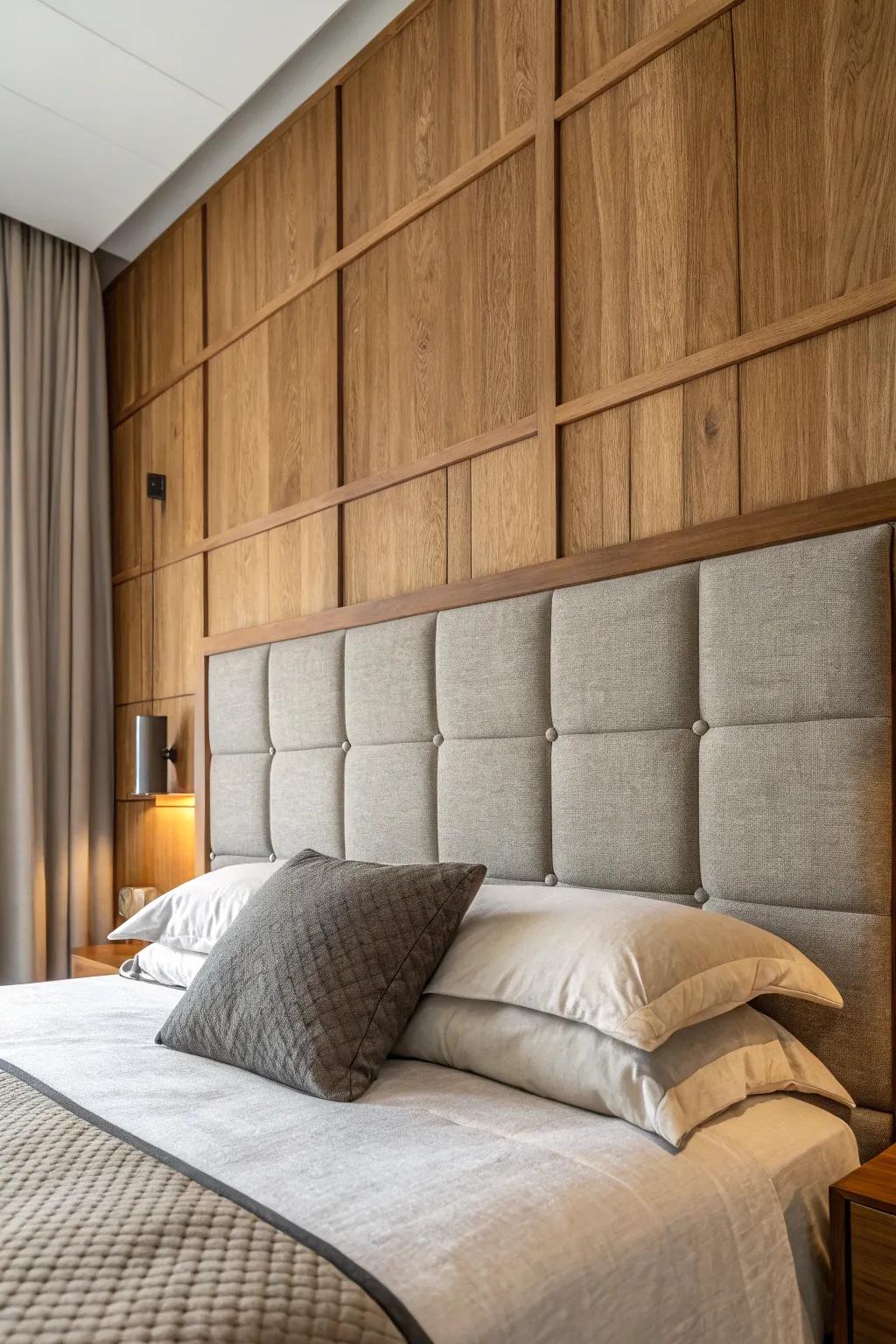Wood and fabric boards create a striking textural contrast.