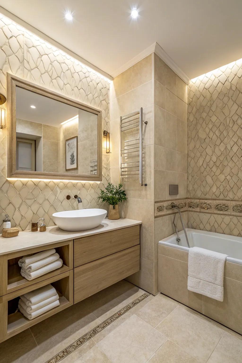 Textured tiles enrich a beige bathroom with depth.