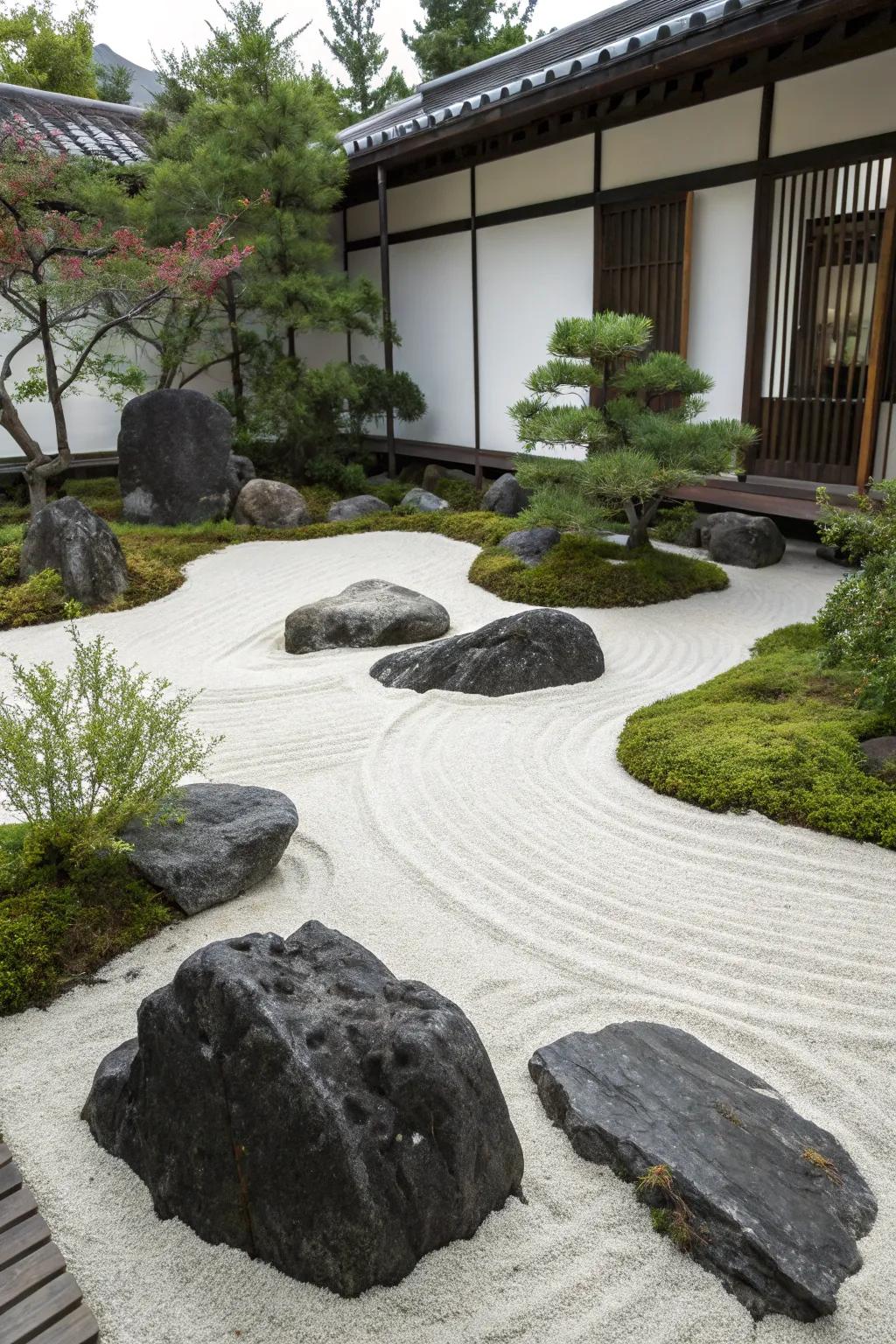 A serene Zen garden featuring dark stones and sand.